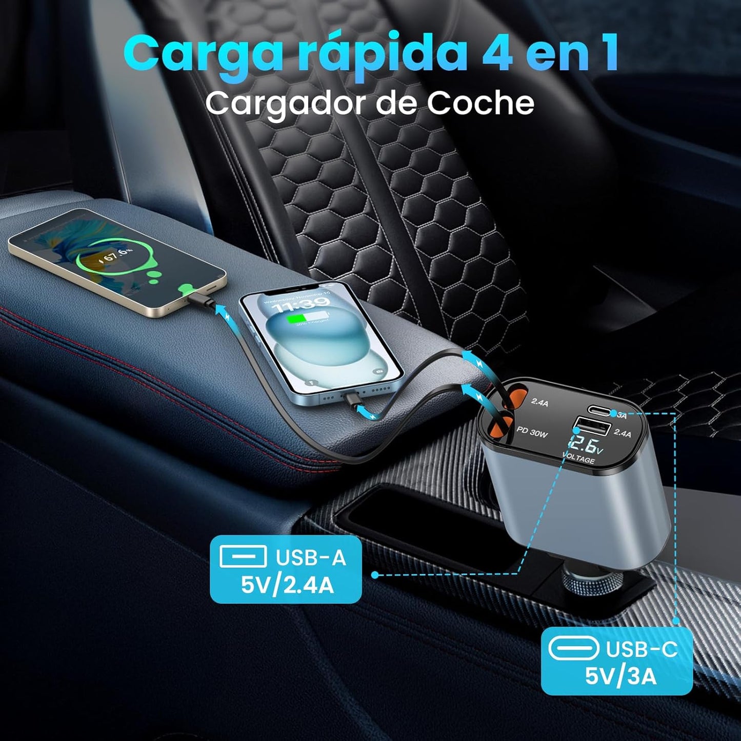 Cargador Multifuncional Retrátil para Auto Fast Energy Pro - Carga Rápida 4 en 1