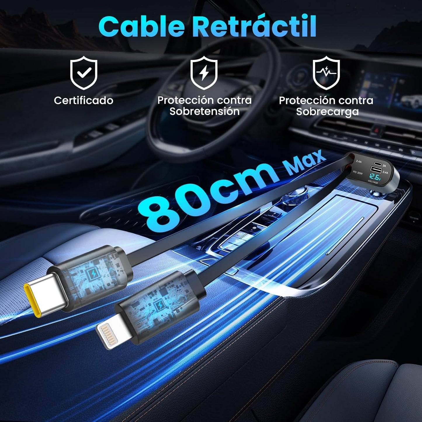 Cargador Multifuncional Retrátil para Auto Fast Energy Pro - Carga Rápida 4 en 1